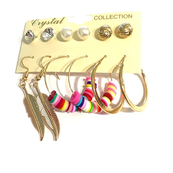 Earrings Set 6 Pair Gold Tone Studs Hoops Leaf - Picture 2 of 2